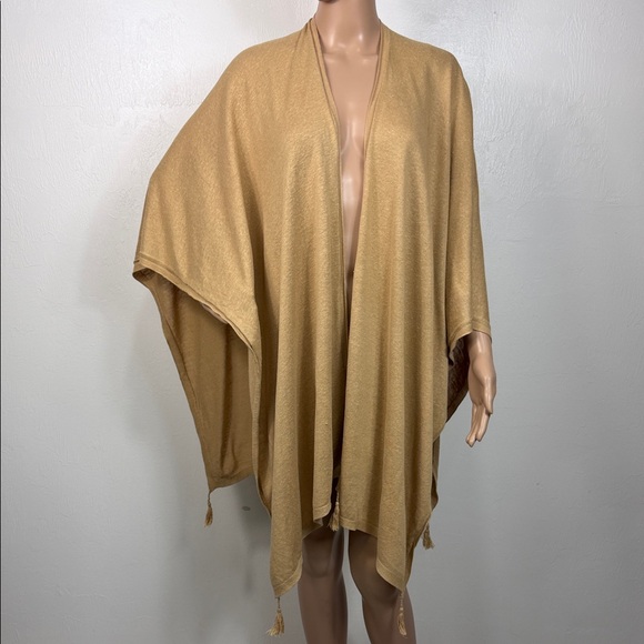 J. Jill One Size Linen Blend Tassel Kimono Ruana Wrap Beige Tan - Picture 2 of 5